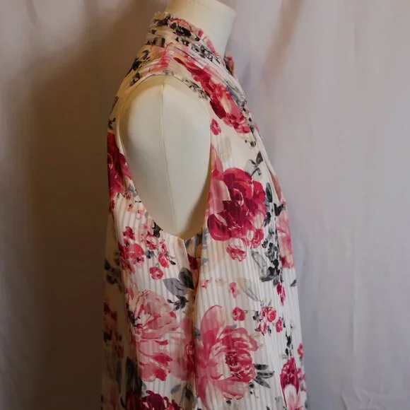 White House Black Market Sleeveless White/Pink Floral Blouse Women's Size 14 - Picture 5 of 12